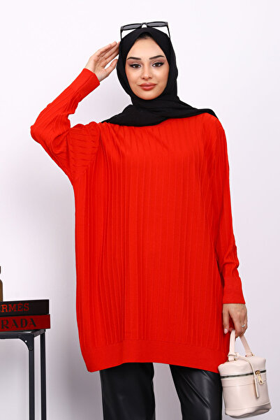 İmajButik Red Mercerized Ribbed Casual Tunic