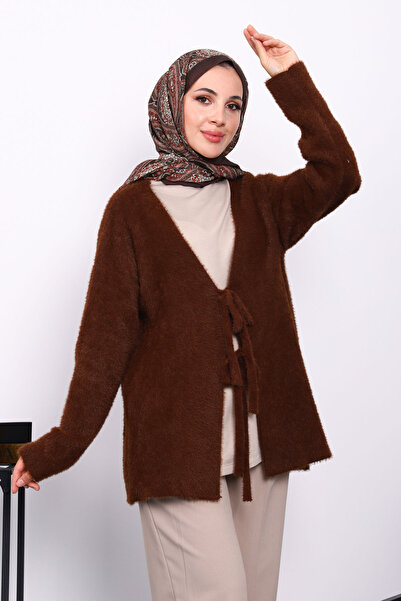İmajButik Καφέ Μαλακή Ζακέτα Angora με Κορδόνια Πρόσοψης