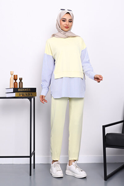 İmajButik Yellow Shirt Garnished Modal Tunic Trouser Set