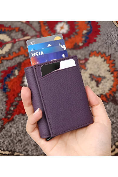 MODA محفظة حامل بطاقات من الجلد الطبيعي باللون الأرجواني - مزودة بآلية، غطاء ...