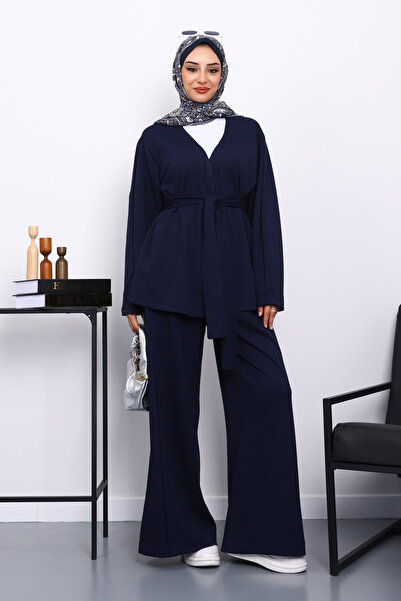 İmajButik Синій костюм з поясом на талії та брюками