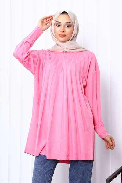 İmajButik Pink Crew Neck Mercerized Knitwear Tunic