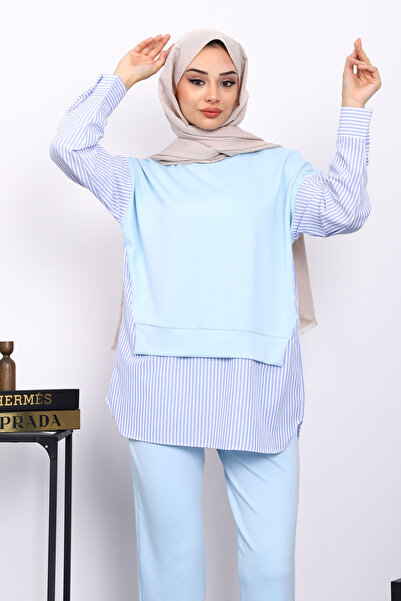 İmajButik Bebe Mavi Gömlek Garnili Modal Tunik Pantolonlu Takım