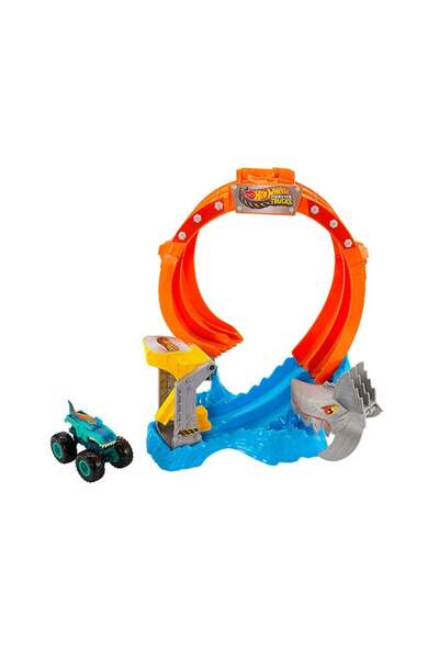 HOT WHEELS Monster Trucks Track Set, Corkscrew Shark Smash Playset & 1:64 Scale Mega-Wrex Vehicle