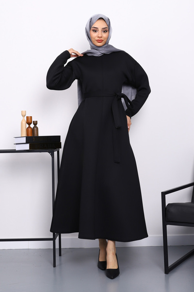 İmajButik Μαύρο φόρεμα κατάδυσης με ζώνη στη μέση