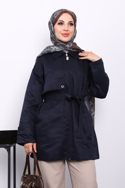 İmajButik Navy Blue Belted Jacket with Pocket Detail