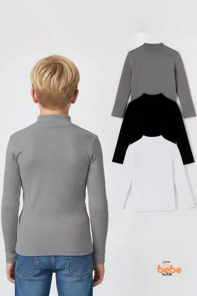 Trend Bebe Butik Erkek Çocuk 3’lü Set Esnek Kaşkorse Fitilli Boğazlı Uzun Kollu Body Pamuklu İçlik & Günlük Basic Üst
