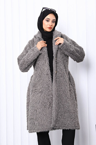 İmajButik Γούνινο παλτό με μακριές τσέπες και κουμπιά καπνιστού χρώματος