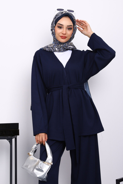 İmajButik Navy Blue Belted Pants Suit