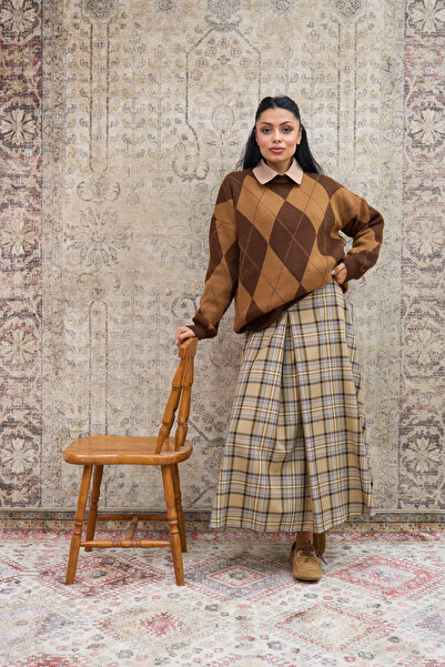 KÜÇÜĞÜM BUTİK Baklava Patterned Brown-Caramel Knitwear Sweater