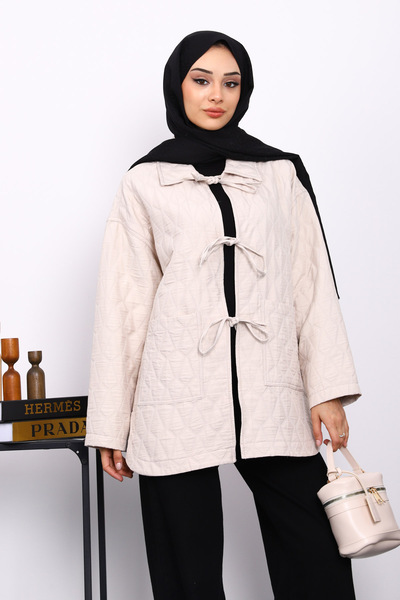 İmajButik Μπουφάν με διπλή τσέπη και καπιτονέ με πέτρινο λαιμόκοψη