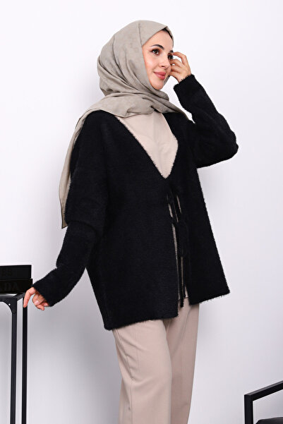 İmajButik Μαύρη μαλακή ζακέτα Angora με κορδόνι μπροστά