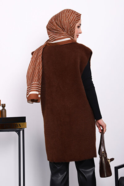 İmajButik Кафяв дълъг ангорски мек кардиган с джобове