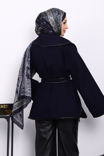 İmajButik Μπουφάν με δερμάτινο γιακά σε μπλε ναυτικό χρώμα