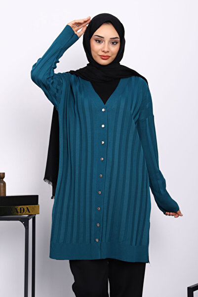 İmajButik Petrol Blue Cold Thread Buttoned Knitwear Cardigan