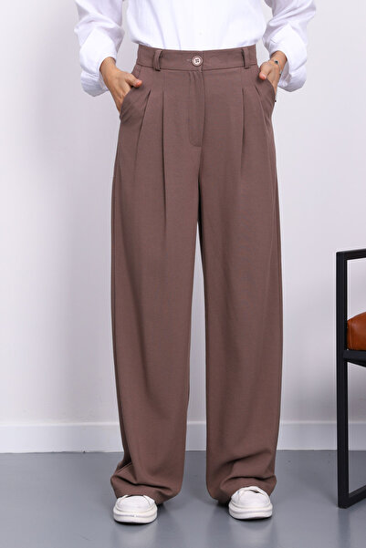 İmajButik Παντελόνι με φαρδύ πόδι Koyuv Vizon Palazzo