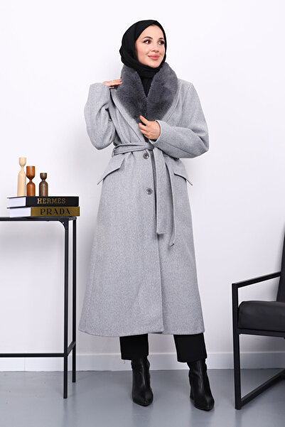 İmajButik Gray Collar Fur Belted Cashmere Coat