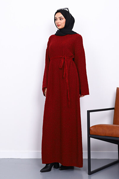 İmajButik Φόρεμα πλεκτό με λαιμόκοψη μπορντό