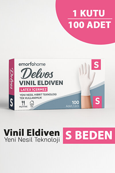 EMORFOHOME Delvos Tek Kullanımlık Vinil Pudrasız Beyaz S Beden Eldiven 100’lü Muayene Eldiveni Latex İçermez