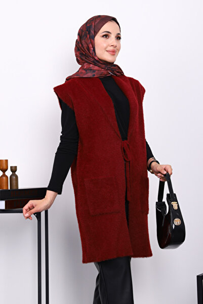 İmajButik Burgundy Angora Soft Vest with Front Tie and Pockets