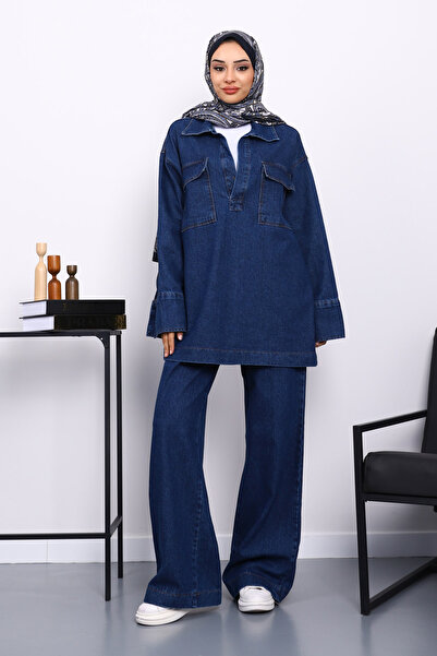 İmajButik Dark Blue Pocket Shirt and Trouser Jeans Set