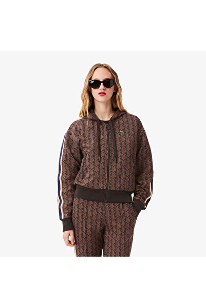 Lacoste Kadın Regular Fit Kapüşonlu Monogram Kahverengi Sweatshirt