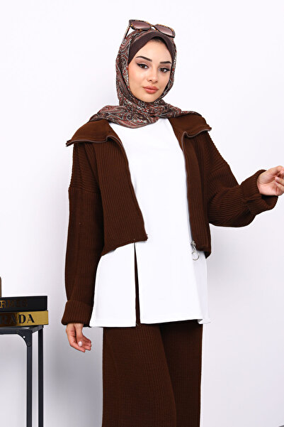 İmajButik Καφέ Τριπλό Σετ Πλεκτό με φερμουάρ