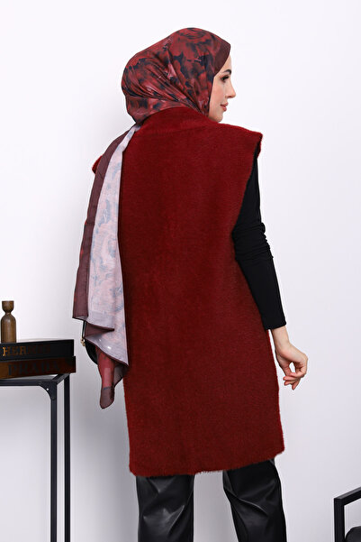İmajButik Burgundy Angora Soft Vest with Front Tie and Pockets