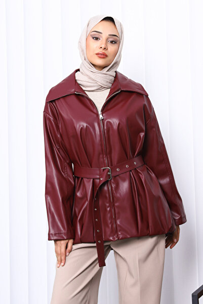 İmajButik Δερμάτινο μπουφάν με ζώνη από δαμάσκηνο