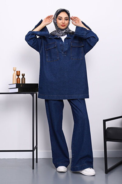 İmajButik Dark Blue Pocket Shirt and Trouser Jeans Set
