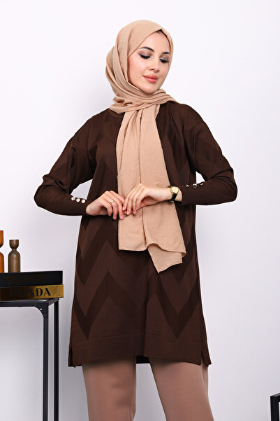 İmajButik Brown Cold Yarn Crew Neck Knitwear Tunic