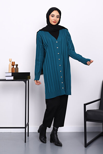İmajButik Petrol Blue Cold Thread Buttoned Knitwear Cardigan