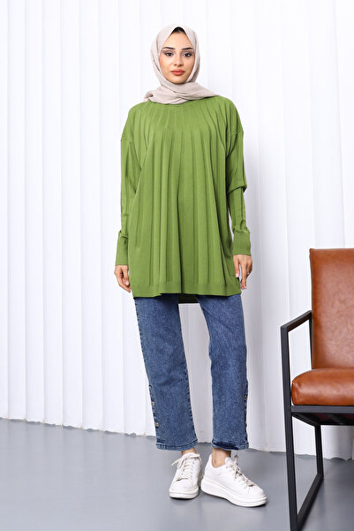 İmajButik Green Crew Neck Mercerized Knitwear Tunic