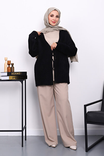 İmajButik Μαύρη μαλακή ζακέτα Angora με κορδόνι μπροστά