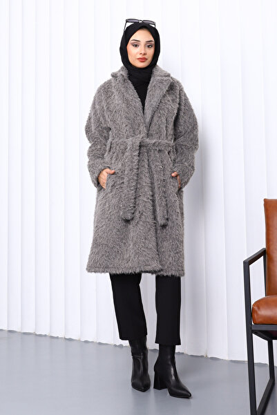 İmajButik Smoked Buttoned Long Pocket Fur Coat