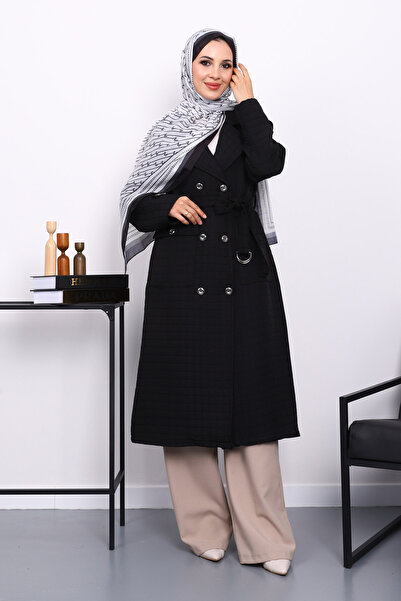 İmajButik Black Belted Quilted Coat with Pocket Detail