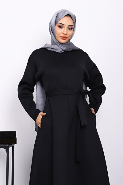 İmajButik Μαύρο φόρεμα κατάδυσης με ζώνη στη μέση