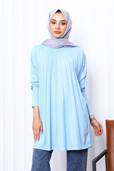 İmajButik Baby Blue Crew Neck Mercerized Knitwear Tunic