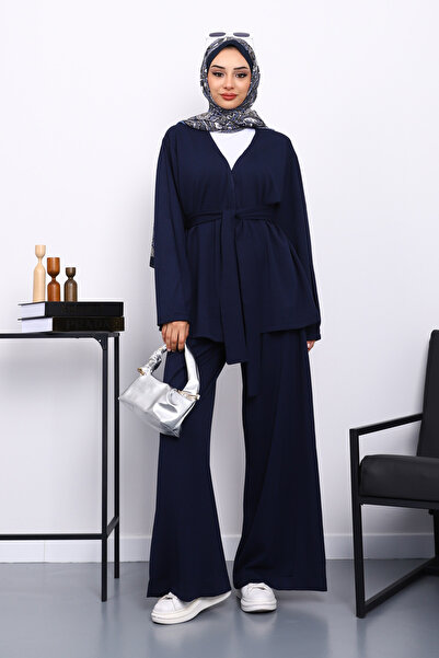 İmajButik Синій костюм з поясом на талії та брюками