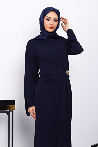 İmajButik Φόρεμα κρεπ με ντραπέ αγκράφες στο μπροστινό μέρος σε μπλε ναυτικό χρώμα