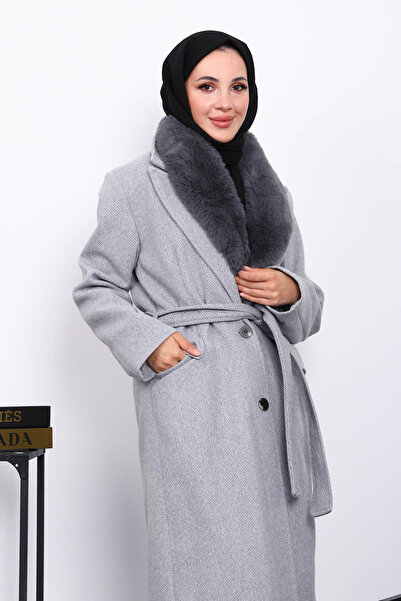 İmajButik Γκρι παλτό με γούνινο γιακά και κασετίνα με ζώνη