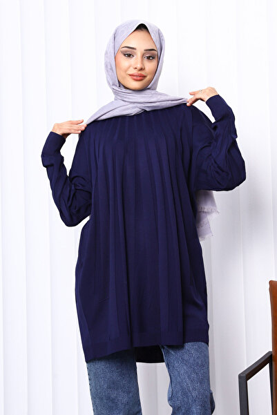 İmajButik Navy Blue Crew Neck Mercerized Knitwear Tunic