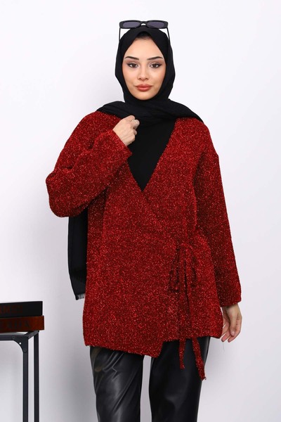 İmajButik Burgundy Belted Glitter Cardigan