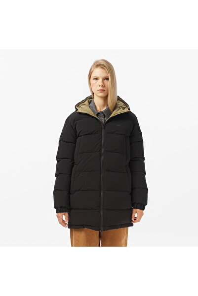 Lacoste Kadın Kapüşonlu Çift Taraflı Siyah Mont