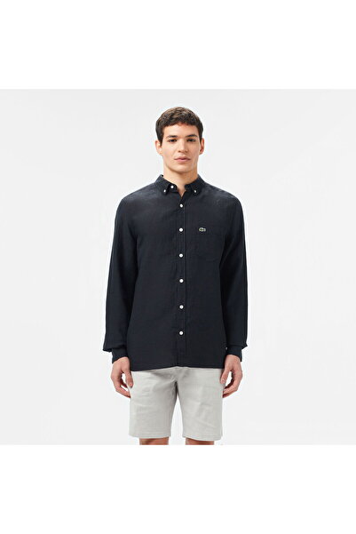Lacoste Erkek Regular Fit Düğmeli Yaka Keten Siyah Gömlek