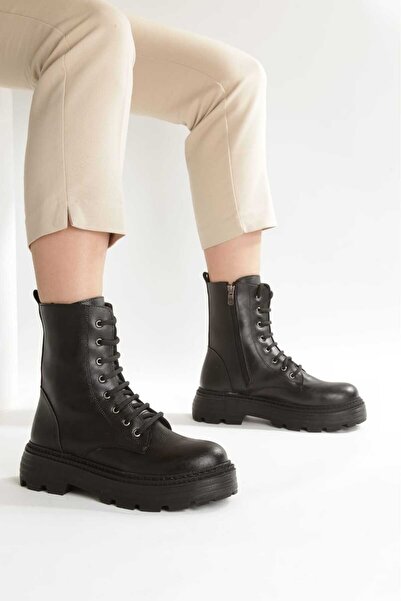 Hanımsoller Lucyy Women's Zippered Black Lace-Up Boots