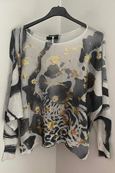 AYASOFYA OTANTIK Bluză pulover pentru femei, gri italian, cu model de frunze batik, cu detalii din folie, cu mâneci liliac, mercerizat