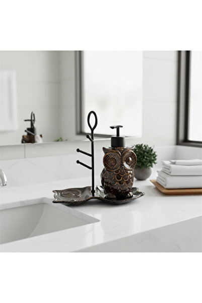 EVİMDM Baykuş Figürlü Seramik Sıvı Sabunluk ve Mutfak-Banyo Düzenleyici Stand