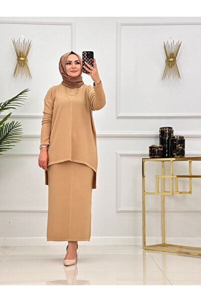 Valens Butik Knitwear Fabric Back Part Long Tunic and Skirt Sadem Hijab Two-Piece Set