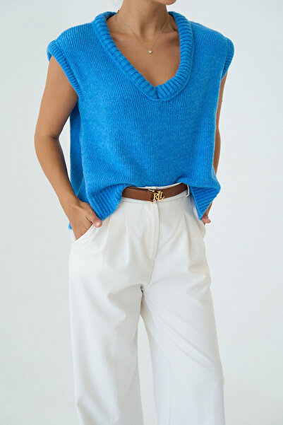 LOOSH Kadın Mavi V Yaka Fitilli Kenarlı Kolsuz Süveter